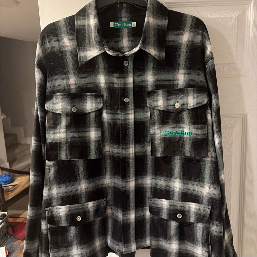 Vintage looking 4-pocket plaid button up by C’est Bon (green font upper left)